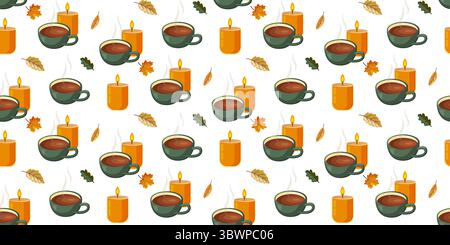 Nahtloses Muster mit dampfenden Bechern, Kerzen und Herbstblättern. Diese warme Illustration spiegelt die gemütliche Stimmung der Herbstabende wider. Ideal für Textilien, d Stock Vektor