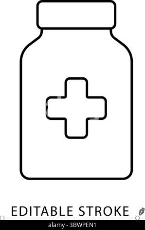 Ein Symbol für die Pillenflasche im minimalistischen Stil mit bearbeitbarem Kontur. Arzneimittelbehälter, pharmazeutisches Glas, Gesundheitspflege Element, Medikamentenverpackung, Behandlung Stock Vektor