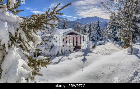Winterlandschaft in alpinem französischem Berg bedeckt mit Schnee unter blauem Himmel und schneebedecktem Chalet in Tannen Stockfoto
