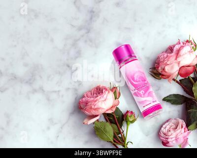 Erfrischendes Rosenwasser in einer eleganten rosafarbenen Flasche, umgeben von frischen Rosen. Ideal für Hautpflege, Straffung und Hydration. Ein muss für natürliche Schönheit Stockfoto