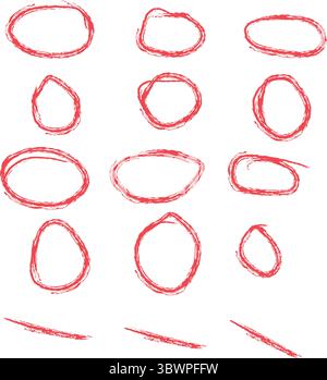 Eine Sammlung von roten handgezeichneten Kreisen und ovalen, die verschiedene Formen und Formen zu Gestaltungs- oder Hervorhebungszwecken darstellen, transparenter Hintergrund Stock Vektor