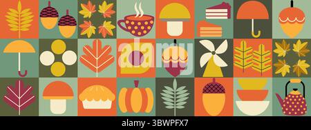 Herbst geometrische Mosaikhintergrund Bauhaus-Muster. Moderne Figur, Form und herbstliche Elemente. Skandinavisch. Minimalistische Elemente für Design, moderne natürliche Bio-Ernte. Stock Vektor