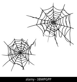 Spinnennetz, Satz Silhouetten, Skizze mit schwarzer und weißer Tinte. Vektorabbildung. Traditionelle Einrichtung ist eine Halloween-Feier, isoliert auf einem weißen Stock Vektor
