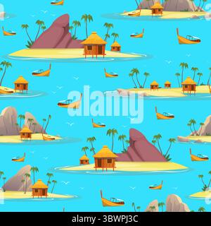 Tropische Insel mit Felsen und Palmen. Nahtloses Muster für den Sommerurlaub. Seeboote. Wiederholter Druck. Bungalows am Meer. Sommerreisen. Am Meer Stock Vektor
