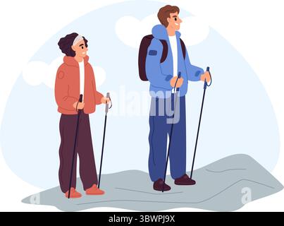 Mann und Frau, die mit Rucksäcken und Wanderstöcken durch die Berge reisen. Wandertourismus. Abenteuerreise. Paare, die in der Natur spazieren gehen. Felsklettern Stock Vektor