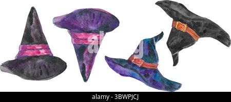 Set of witch hats in different colors isolated on a white background. Wizard hat collection for Halloween decorations. Magician headwear icons. Vector Stock Vektor