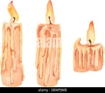 Satz Kerzen isoliert auf weißem Hintergrund, Vektor-Illustration mit einer brennenden Kerze. Wachsflecken auf der Kerze. Warmes Kerzenlicht Stock Vektor