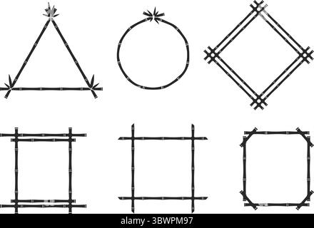 Bambusrahmen. Hawaiianische Schilder. Dreieckige oder quadratische Bretter. Runder schwarzer Silhouettenrahmen. Segmentierte Baumstämme. Asiatische Stöcke. Sommer-bea Stock Vektor