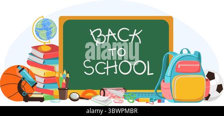 Zurück zur Schule. Studenten Schreibwaren und Bücher. Notiztafel. Rucksack mit Bürobedarf. Hochschulbildung. Tafeltafel der Klasse. Mikroskop und Kugel. Le Stock Vektor