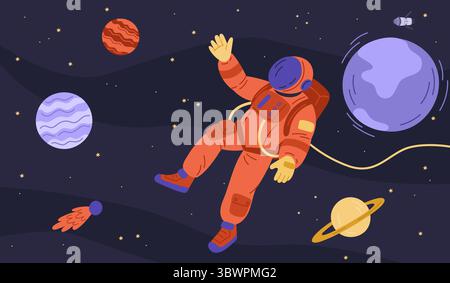 Astronaut im Weltraum unter Sternen. Kosmonaut im Raumanzug. Kosmische Planeten. Kometen oder Meteoriten. Galaxy Discovery. Universum-Erkundung. Interstell Stock Vektor