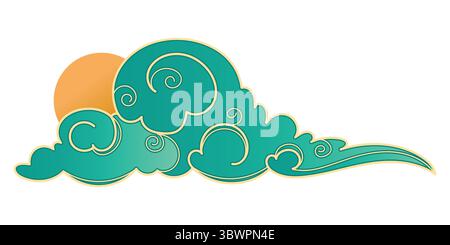 Japanische und chinesische Creative Cloud mit handgezeichneten Wirbeln und welligen Umrissen. Himmel mit blauen Wolken und Sonne. Abstraktes Wolkensymbol im orientalischen Stil. Stock Vektor