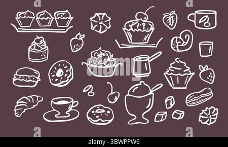 Set von süßen Lebensmitteln, schwarze Doodles, weiß auf braunem Hintergrund Stock Vektor
