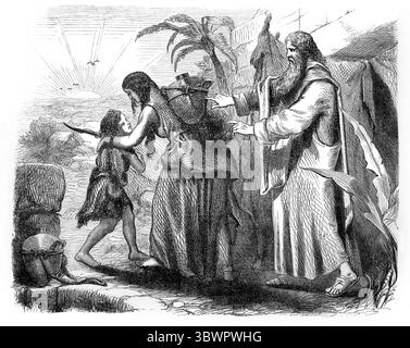 Abbildung von Abraham, der Hagar und seinen Sohn Ismael aufgab (1. Mose) aus dem antiken 19. Jahrhundert die Heilige Bibel mit dem Alten und Neuen Testament Stockfoto
