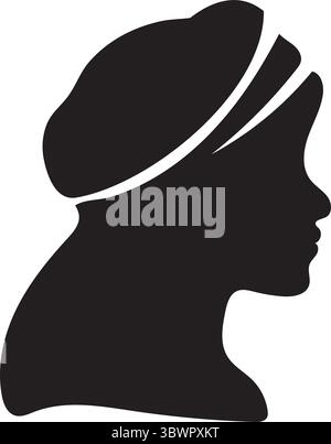 Elegantes arabisches Frauengesicht Silhouette in Hijab, Schwarz auf weiß, Minima Stock Vektor