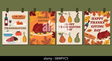 Set von Thanksgiving-Grußkarten mit Kürbissen, Kürbissen und Herbstblättern. Festliche Herbstillustrationen in warmen Erdtönen. Perfekt für die Saison Stock Vektor