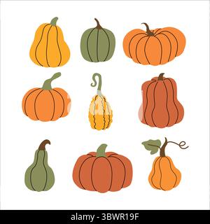 Sammlung dekorativer Kürbisse und Kürbisse in verschiedenen Formen und Herbstfarben. Einfache flache Illustration, perfekt für Herbst, Thanksgiving und Stock Vektor