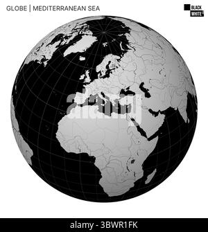 Vektorkugel mit Schwerpunkt auf dem Mittelmeer. Schwarzweißpalette. Weltkarte mit Meridianen, Parallelen, Ländern, Flüssen und Seen. Stock Vektor