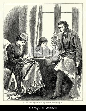 Familie, Mutter, die Kleidung repariert, Mädchen liest Buch, Vater hält Zeitung, viktorianisches Hausleben, 1880, 19. Jahrhundert, Geschichte Stockfoto