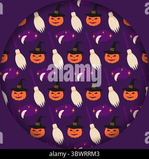 Halloween Kürbisse in Hexenhut mit Besen und Halbmond mit Wolke Halloween Muster Papier geschnitten Fond. Isolierte Vektor-Illustration Halloween Gruß Themen Karten, Party Einladung oder Banner, Faltblatt, Tag Stock Vektor