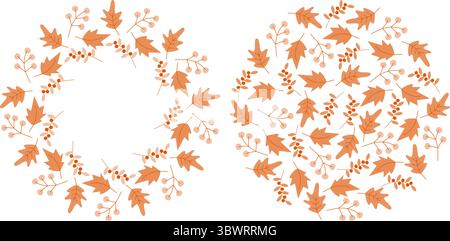Set aus Herbstlaub und Beeren Zweige Circle Frame Border Kopierraum Vorlage und rundem Hintergrund. Isolierte Vektor-Illustration Herbst Feiertage Grußthemen Karten Hintergrund Banner, Faltblatt, Etikett Stock Vektor