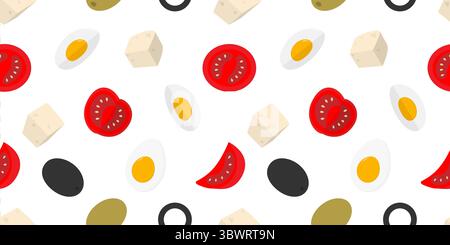 Handgezeichnete Oliven Käsewürfel hartgekochtes Ei und Tomaten in Scheiben geschnittene Salat Zutaten nahtloses Muster. Isolierte Vektor-Illustration gesunde Ernährung verwandte Inhalte oder Menükarten, Preis, Flugblätter, Poster Stock Vektor