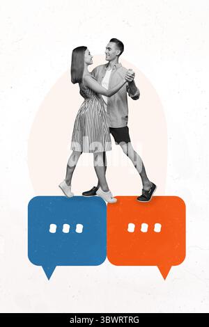 Trend-Artwork Vorlage Design 3D Collage Skizze von Paar Bboyfriend Freundin Tanz zusammen Dialog Gespräch Sprache Sticker Zitat Stockfoto