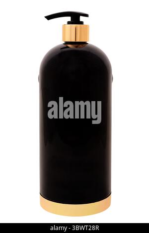 Elegante schwarze Pumpflasche mit luxuriösen Goldakzenten, ideal für High-End-Shampoo, Conditioner oder Lotion. Schlankes und modernes Design, perfekt für Schönheit, Stockfoto