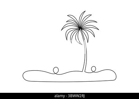 Einfache schwarz-weiße Linienzeichnung einer Palme am Strand, die Urlaub und Entspannung darstellt Stock Vektor