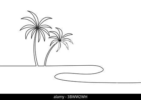 Minimalistische Linienzeichnung mit zwei Palmen auf einer tropischen Insel mit einer vereinfachten Strandlandschaft Stock Vektor