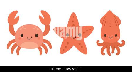 Lächelnde rote Krabben, Seesterne und Tintenfische mit weichen Zeichentricktexturen in einem fröhlichen Meerestier-Trio, perfekt für Strandmotive, Aquarienmotive und verspielte Stock Vektor