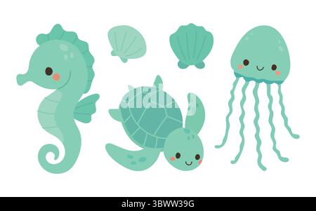 Niedliche Zeichentrickfilme Seepferdchen, Quallen, Schildkröten und Meeresschalen in verspielten Pastelltönen, perfekt für Unterwasser-Illustrationen von Tierkrippen und Meerestieren Stock Vektor
