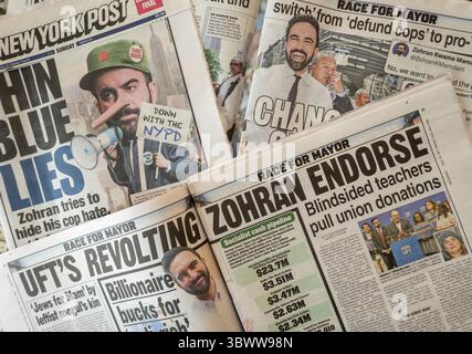 Still Life of July 2025 New York Post Berichterstattung über Zohran Mamdani sozialistische Überzeugungen, New York City, USA Stockfoto
