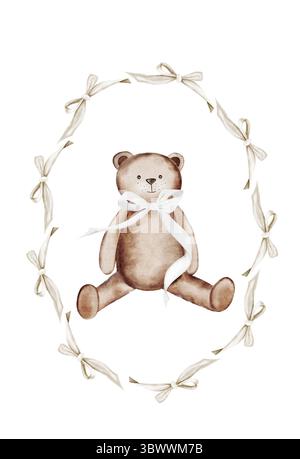 Teddybär-Aquarell. Handgezeichnete Zeichentricktier-Illustration auf weißem Hintergrund. Retro-Karte im Bandrahmen. Perfekt für Babyduschen und Geburtstag Stockfoto