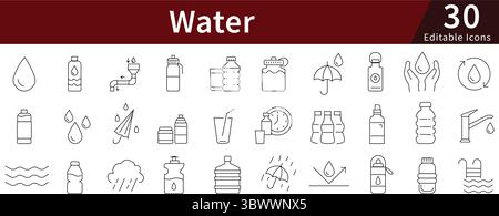 Bearbeitbare Leitungs-Symbole für Wasser für Konzepte im Zusammenhang mit Hydration, Liquid, Aquatic und H2O Stock Vektor