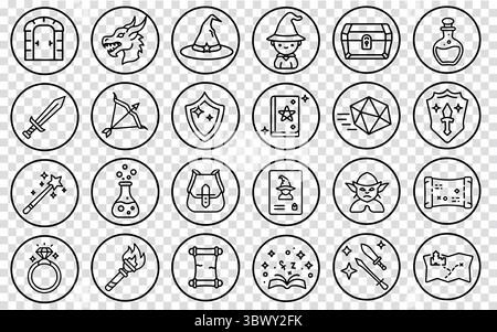 RPG-Fantasy-Spielsymbole. Mittelalterliches Abenteuer mit Symbolen. Spiele-Design Web Mobile App. Einfacher weißer Hintergrundvektor Stock Vektor
