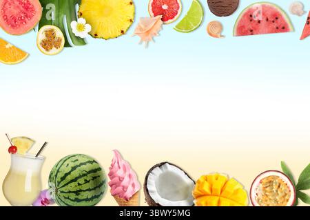 Sommer-Vibe-Karte oder Party-Einladung mit Platz für Text. Rahmen verschiedener Früchte auf farbigem Hintergrund Stockfoto