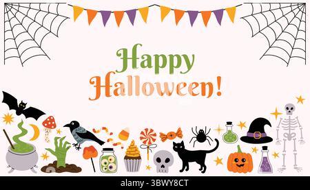 Niedliches Happy Halloween horizontales Grußposter oder Karte mit Zeichentrickrand mit gruseligen Elementen wie Kürbis, Netz, Kessel, Süßigkeiten, Kuchen, Krähe, Zombi Stock Vektor