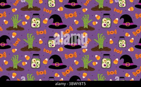 Farbenfrohes nahtloses Halloween-Muster mit Zombiehänden, Augäpfeln in der Flasche, Süßigkeiten, Hexenhüten und Punkten auf dunkelviolettem Hintergrund. Fla Stock Vektor