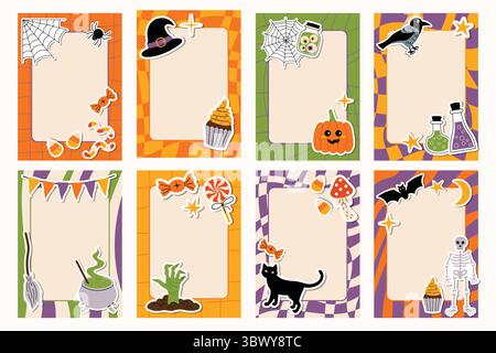 Set mit niedlichen Happy Halloween Vertikalnotizen oder Postern mit karierten, groovigen Rändern und leerem Platz. Dekoriert mit lustigen flachen Cartoon-Aufklebern wie Pum Stock Vektor