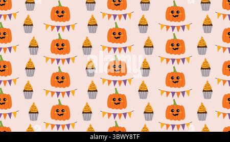 Nahtloses niedliches Halloween-Muster mit geschnitztem Kürbis, Bündeln und Kuchen auf pastellrosa Hintergrund. Lustiges und festliches flaches Zeichentrickdesign für Herbstzele Stock Vektor