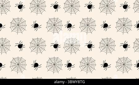Niedliches nahtloses Halloween-Muster mit Spinnennetz und Spinnen auf beigefarbenem Hintergrund im flachen Cartoon-Stil. Einfaches und unterhaltsames Design, ideal für festliche Wrappins Stock Vektor