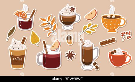 Herbstgetränke, Doodle Collection, heißer Kaffee, Tee, heißer Schokolade, herbstliche Sticker Stock Vektor