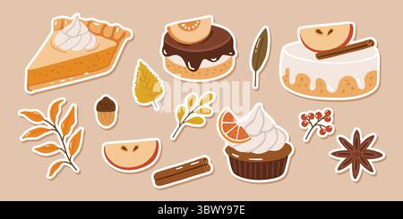 Herbstdesserts Elemente Doodle Illustration, süße Kuchen, Kollektion, Herbst gemütliche Aufkleber Stock Vektor