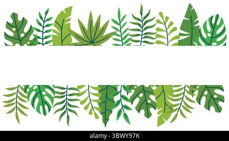Horizontale Karte mit Blattrand im tropischen, flachen Cartoon-Stil. Der Dschungelrahmen aus grünen Zweigen passt zu kreativen Layouts, Werbeaktionen für die Natur und zum Drucken Stock Vektor
