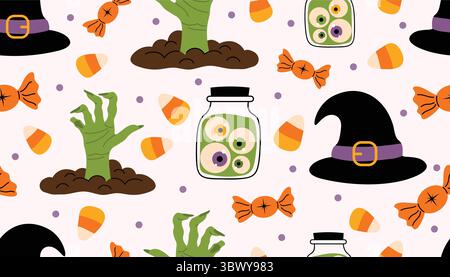Niedliches, nahtloses Halloween-Muster mit Zombie-Händen, Augenäpfel in Flaschen, Süßigkeiten, Lutscher, Hexenhüten und Punkten im flachen Cartoon-Stil. Spaß und spo Stock Vektor