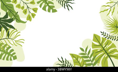 Flache horizontale Karte im Zeichentrickstil, eingerahmt in Ecken mit tropischen Blättern und Zweigen und organischen Formen. Ideal für Sommerflugblätter, Urlaubsanzeigen Stock Vektor