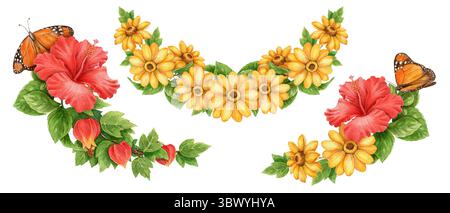 Sommerweites Set aus Monarchschmetterling- und Hibiskusblüten. Handgezeichnetes Aquarellkunstwerk mit Blumenmotiven für tropische Feiertage. Hell Stockfoto