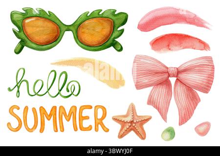 Aquarellset mit Sonnenbrille, Schleife, Seesternen und Hello-Sommerzitat in hellen tropischen Farbtönen. Handgezeichnete Illustration für Strandgrußkarte Stockfoto