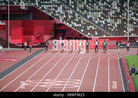 1. August 2021, Tokio, Japan: Erstes Halbfinale der Männer 100 m im Olympiastadion am 1. August 2021 in Tokio, Japan (Foto: © Mickael Chavet via ZUMA Press Wire) Stockfoto