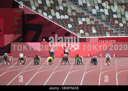 1. August 2021, Tokio, Japan: Zweites Halbfinale der Männer 100 m im Olympiastadion am 1. August 2021 in Tokio, Japan (Foto: © Mickael Chavet via ZUMA Press Wire) Stockfoto